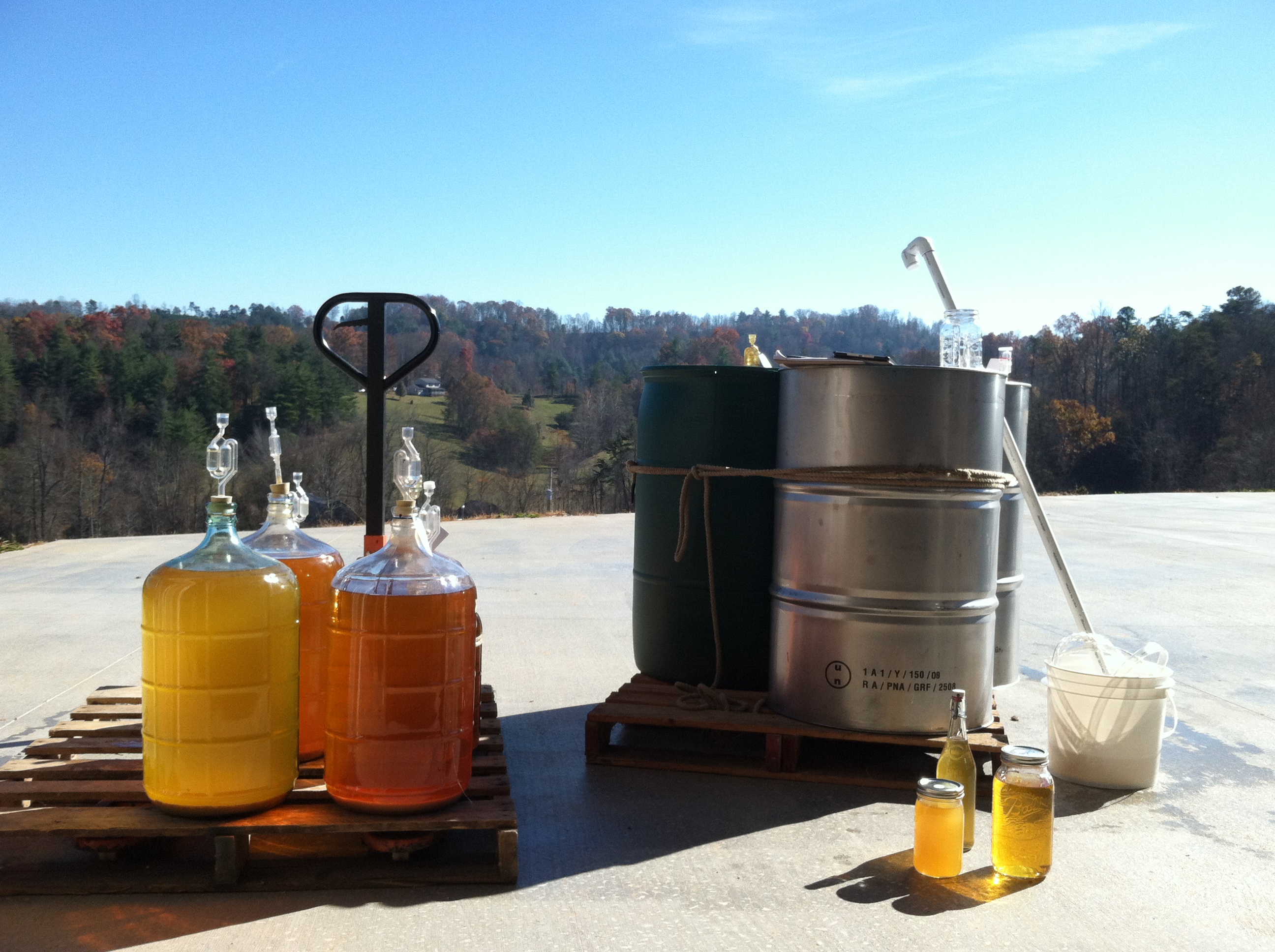 Carboys of Mead outside with mountains in the background